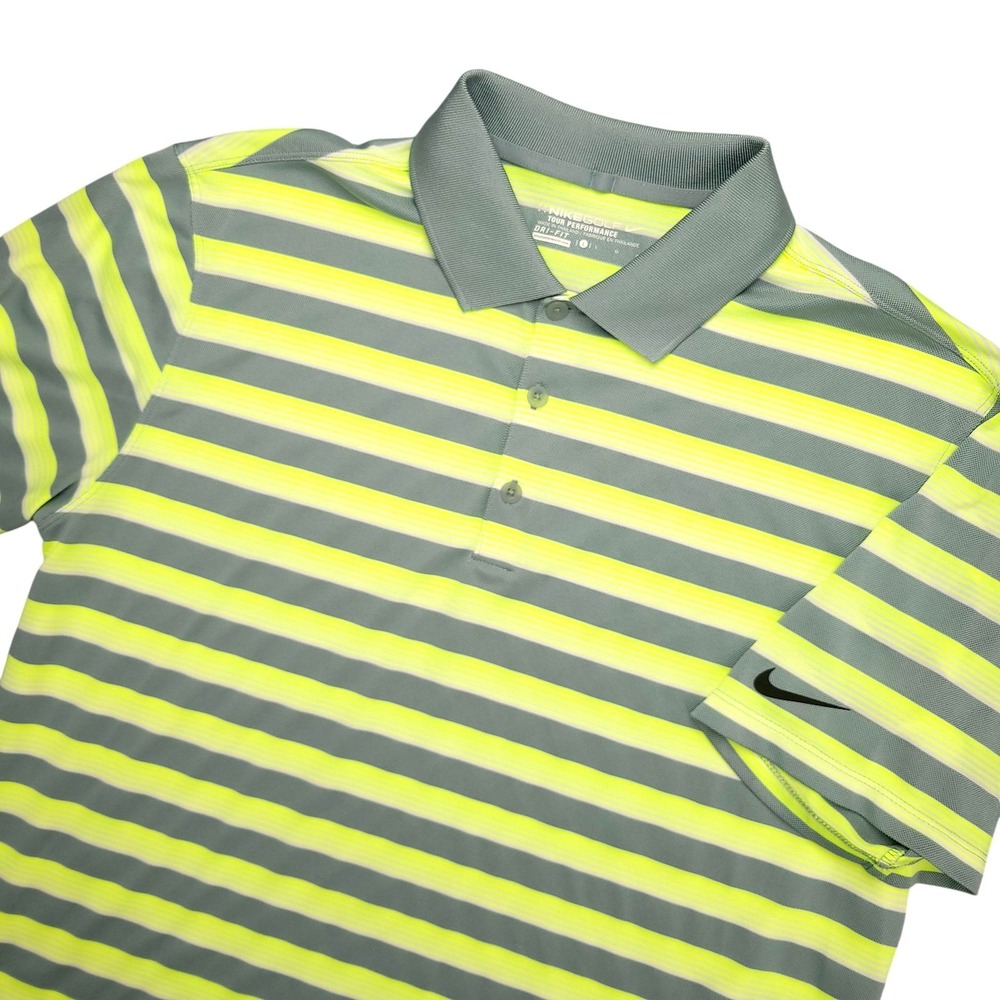 Nike Dri-FIT Polo Shirt Mens Large Gray Stripe Golf Performance Stretch Top